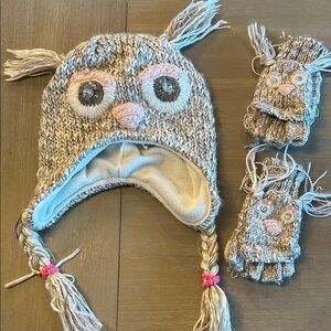 Claire's Owl Knit Hat and Mittens‎ Set in Gray and Pink
